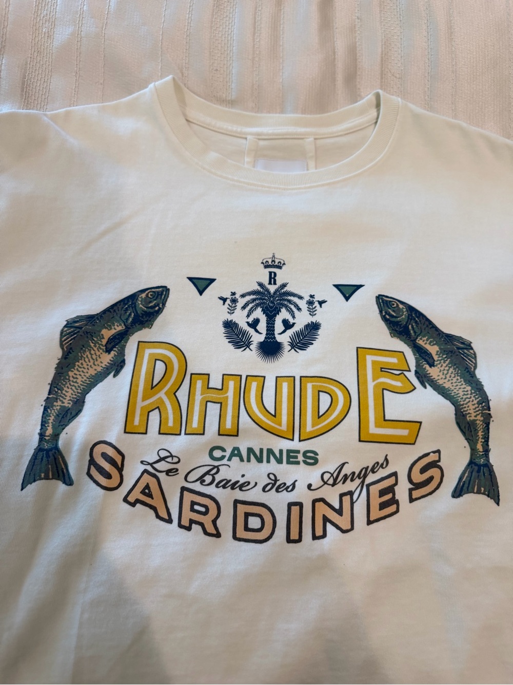 Rhude White Graphic 'Sardines' Cotton Tee - Yellow & Green Print Size XLarge